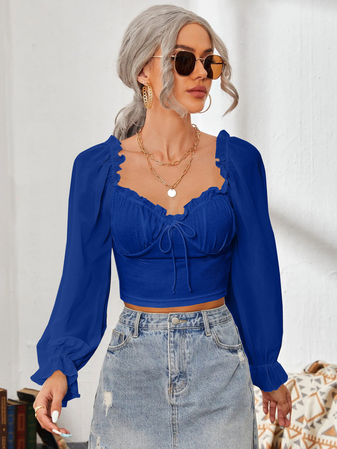 Damen Cropped-Bluse mit Rüschen und eleganten Puffärmeln EB