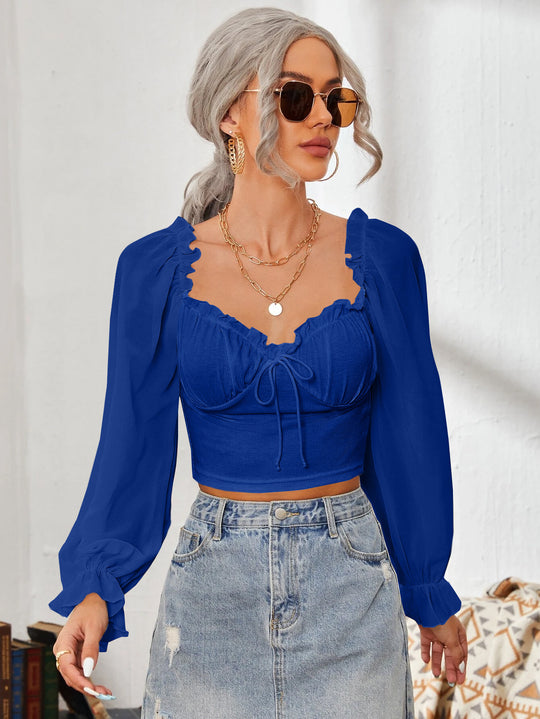 Damen Cropped-Bluse mit Rüschen und eleganten Puffärmeln EB