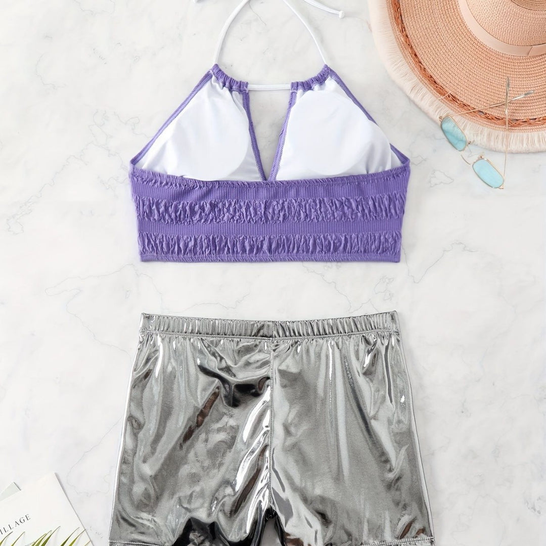 Damen Bikini-Set mit floralem Oberteil und hochglänzenden Shorts EB
