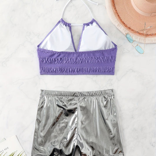 Damen Bikini-Set mit floralem Oberteil und hochglänzenden Shorts EB