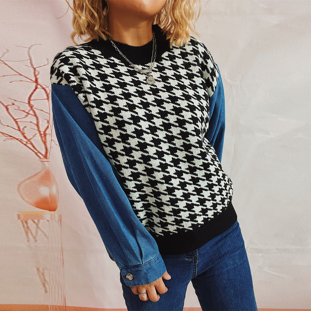Damen Strickpullover im modernen Hahnentrittmuster mit lässigen Denim-Ärmeln EB