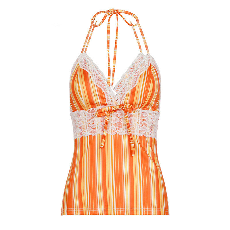 Damen Charmantes Spaghetti-Top mit Spitzenakzenten und Streifenmuster EB