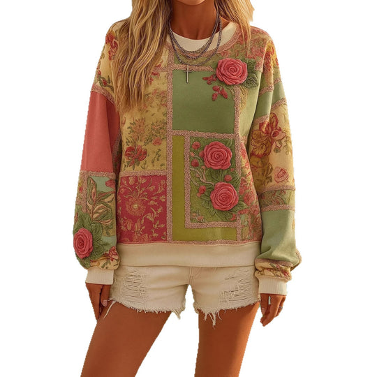 Damen Gemustertes Oversize-Sweatshirt mit dreidimensionalen Rosenapplikationen und Rippbündchen EB