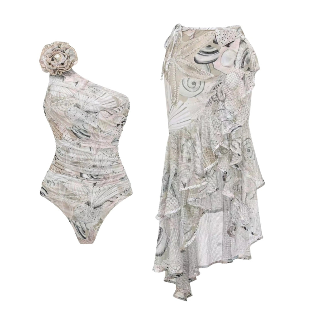 Damen Einseitiger Badeanzug mit floraler Applikation EB