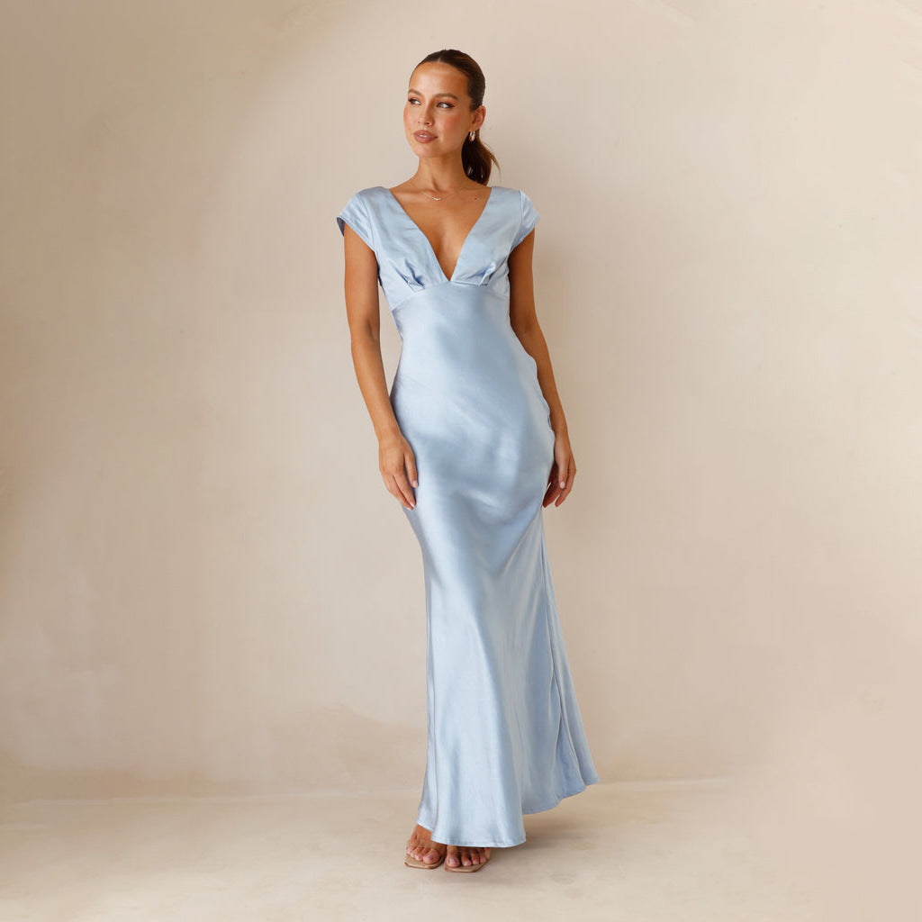Damen langes Abendkleid mit schickem V-Ausschnitt und elegantem Fall EB