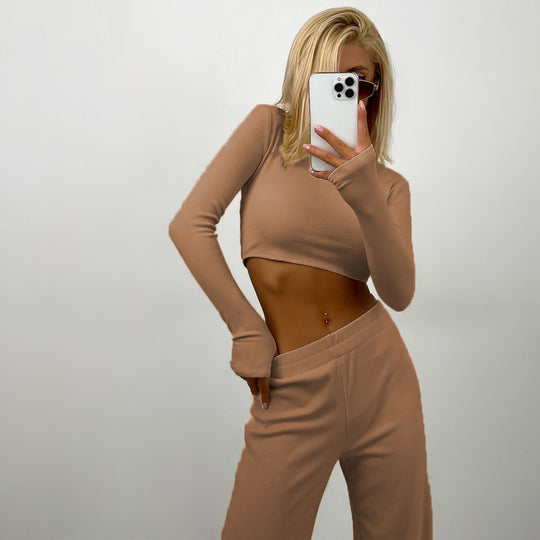 Damen geripptes Cropped-Langarmshirt mit U-Boot-Ausschnitt und High-Waist Palazzo-Hose EB