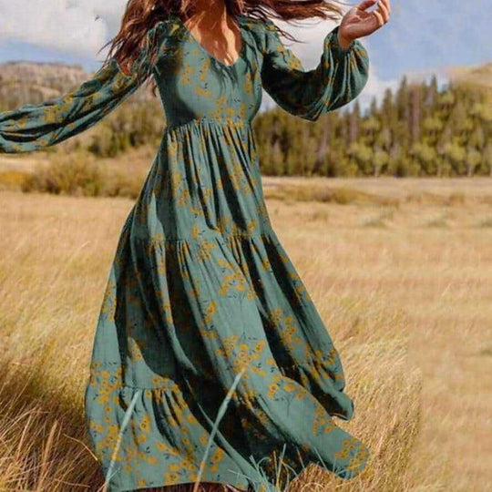 Damen Boho-Langarmkleid mit floralen Akzenten und schwingendem Saum EB
