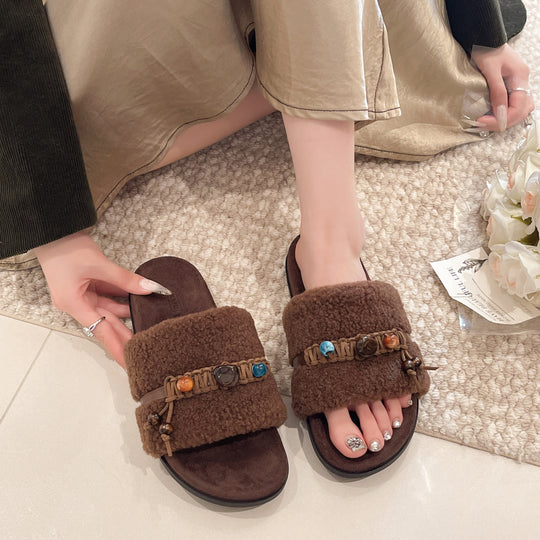 Damen Slipper mit kuscheligem Futter und dekorativer Perlenapplikation EB