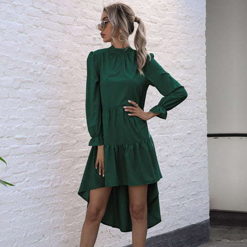 Damen elegantes, schwingendes Midi-Kleid mit Rüschen und langen Ärmeln EB