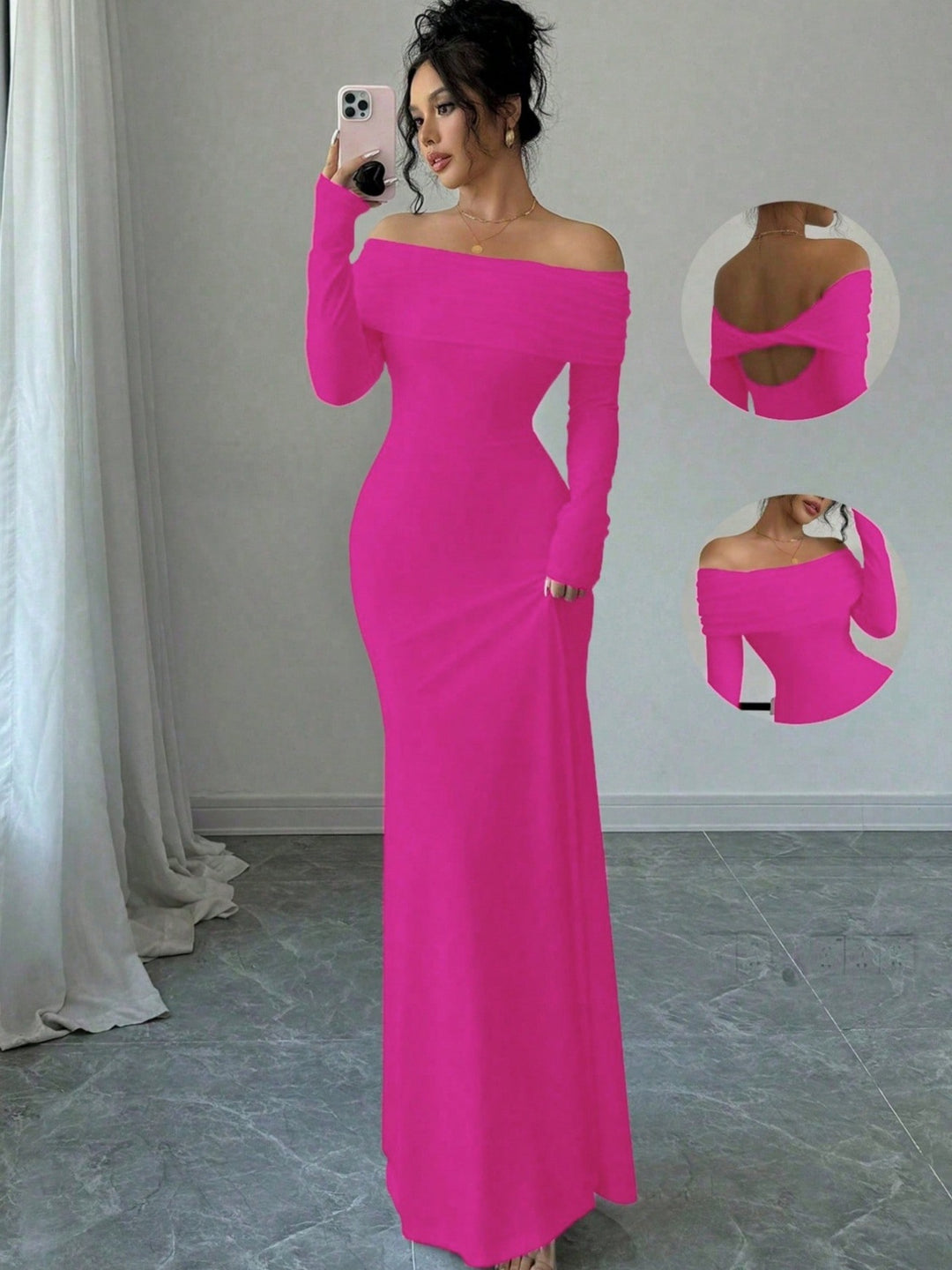 Damen Elegantes und figurbetontes Off-Shoulder Maxikleid mit langen Ärmeln EB