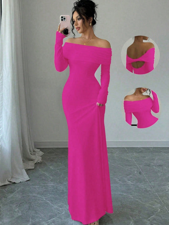 Damen Elegantes und figurbetontes Off-Shoulder Maxikleid mit langen Ärmeln EB