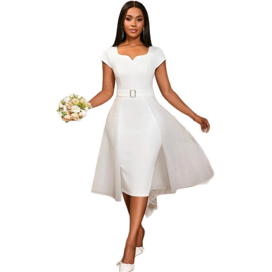 Damen A-Linien Kleid mit tailliertem Gürtel und elegantem Herzausschnitt EB