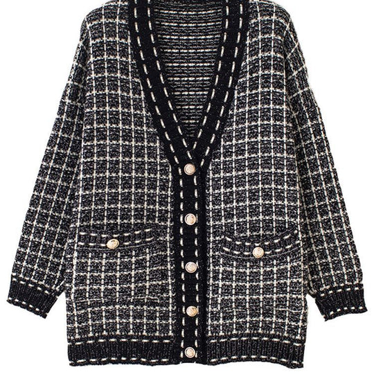 Damen Lässiger Strickcardigan im modernen Karomuster mit oversized Passform EB