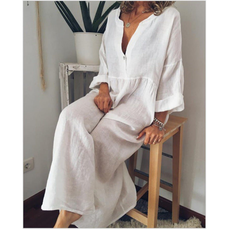 Damen Langes Leinen-Maxikleid mit V-Ausschnitt, geraffter Taille und 3/4-Ärmeln EB