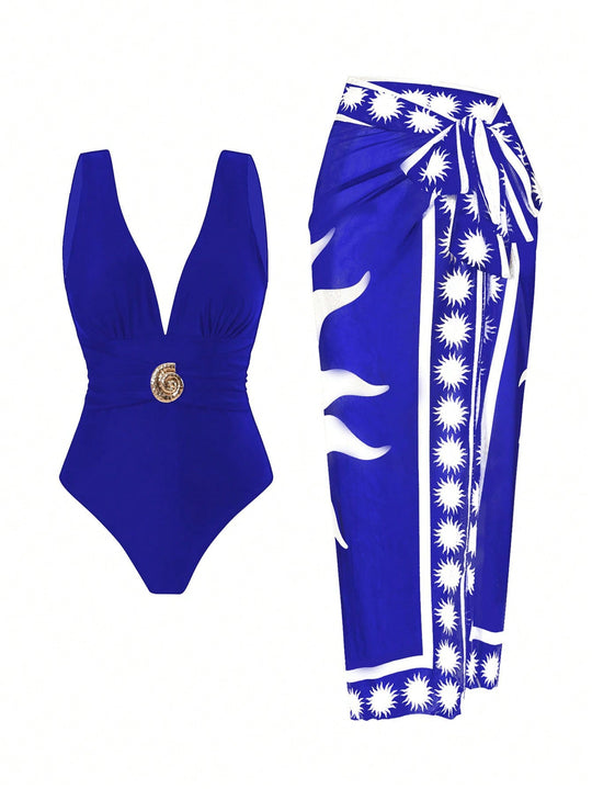 Damen Badeanzug mit femininem Wickelrock und elegantem Schmuckdetail EB