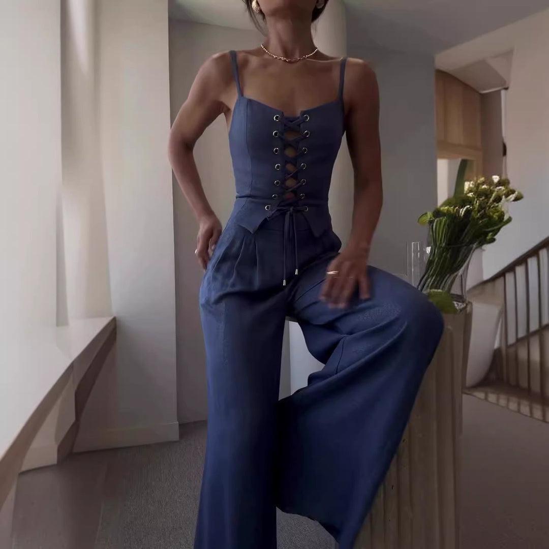Damen Eleganter Jumpsuit mit Schnürung und weitem Bein EB