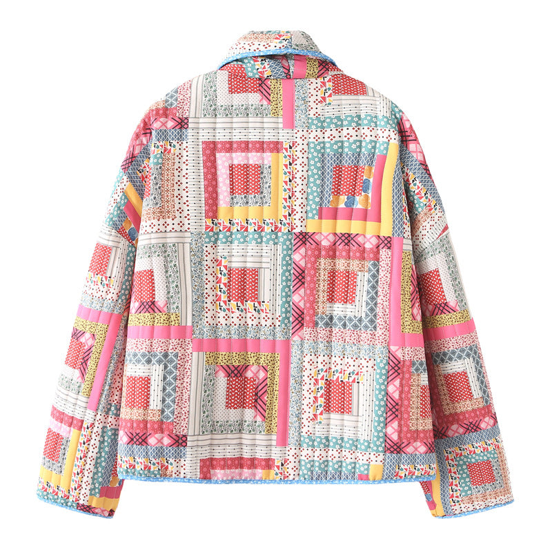 Damen gesteppte Patchwork-Jacke mit buntem Design und praktischen Taschen EB