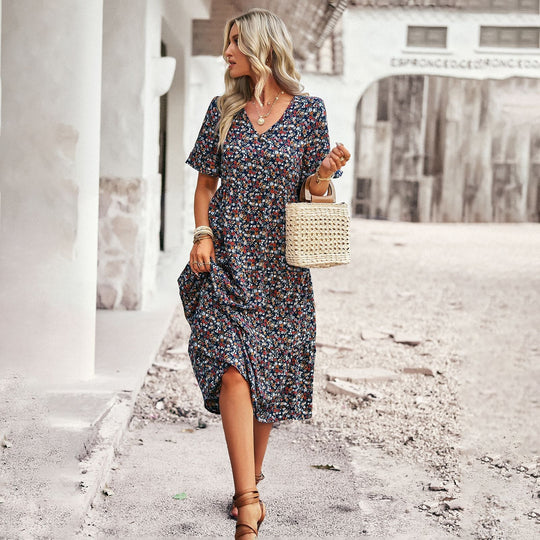 Damen Midi-Kleid mit Floralem Muster und Verspieltem V-Ausschnitt EB
