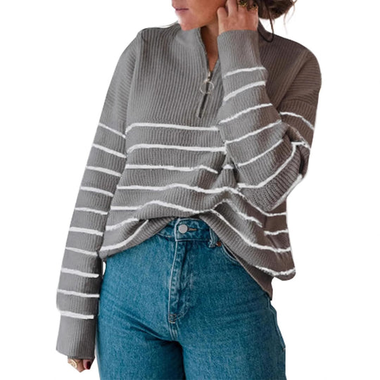 Damen lässiger Pullover mit kurzem Reißverschluss und Streifenmuster EB