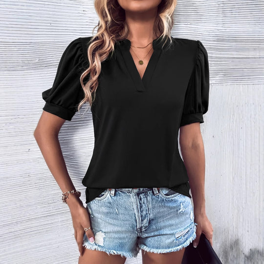 Damen elegantes Blusenshirt mit Puffärmel und V-Ausschnitt EB