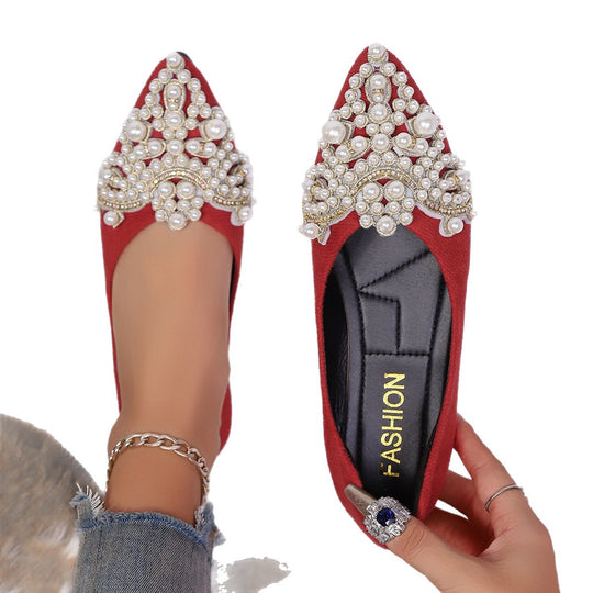 Damen elegante Ballerinas mit kunstvoller Perlenapplikation EB