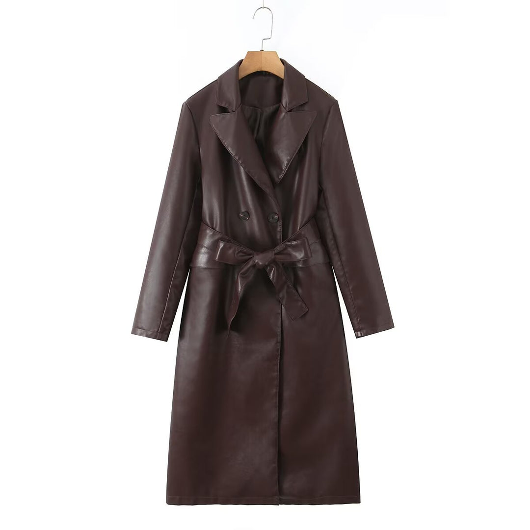 Damen Kunstleder Trenchcoat mit taillierbarem Gürtel und doppelter Knopfleiste EB