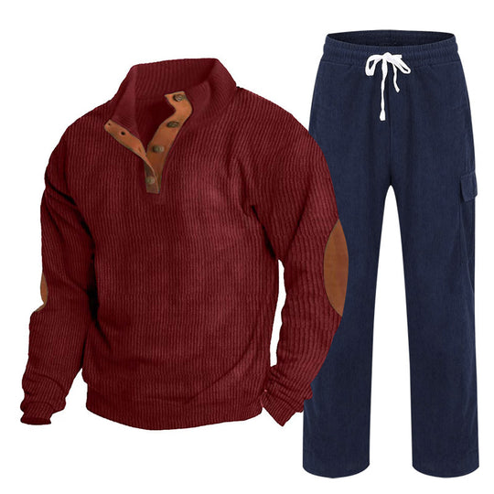 Herren nan Strick-Freizeitset mit Knopfleiste und Ellenbogenaufnähern sowie Cord-Cargohose EB