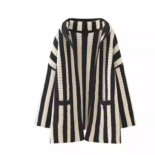 Damen Oversized Strickponcho mit grafischem Streifenmuster EB