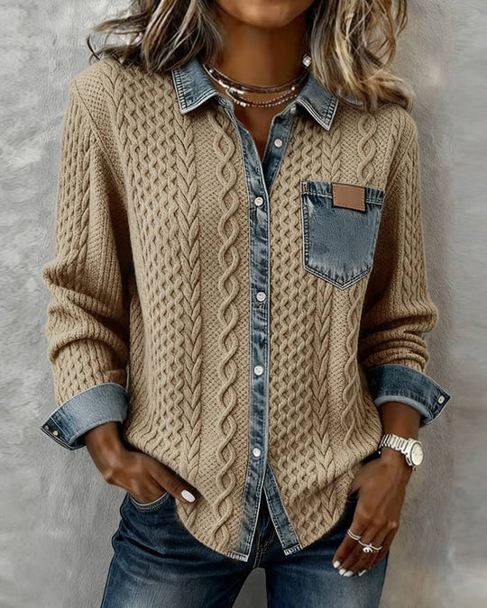 Damen nan geflochtener Strickpullover mit integriertem Jeanskragen und Brusttasche EB