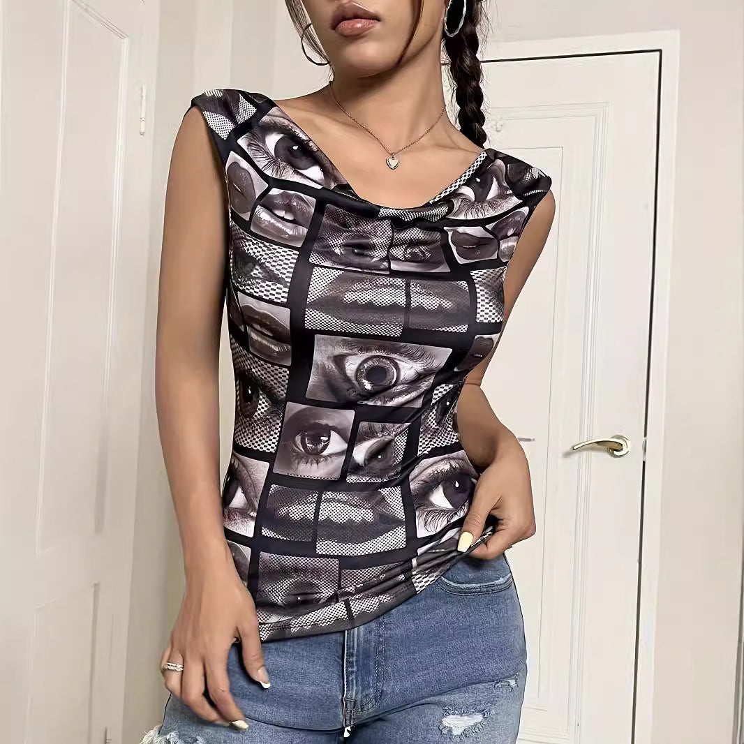 Damen T-Shirt mit kreativem Augendesign und figurbetonter Passform EB