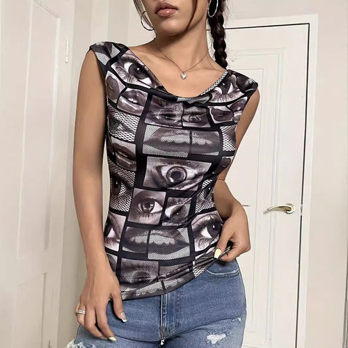 Damen T-Shirt mit kreativem Augendesign und figurbetonter Passform EB