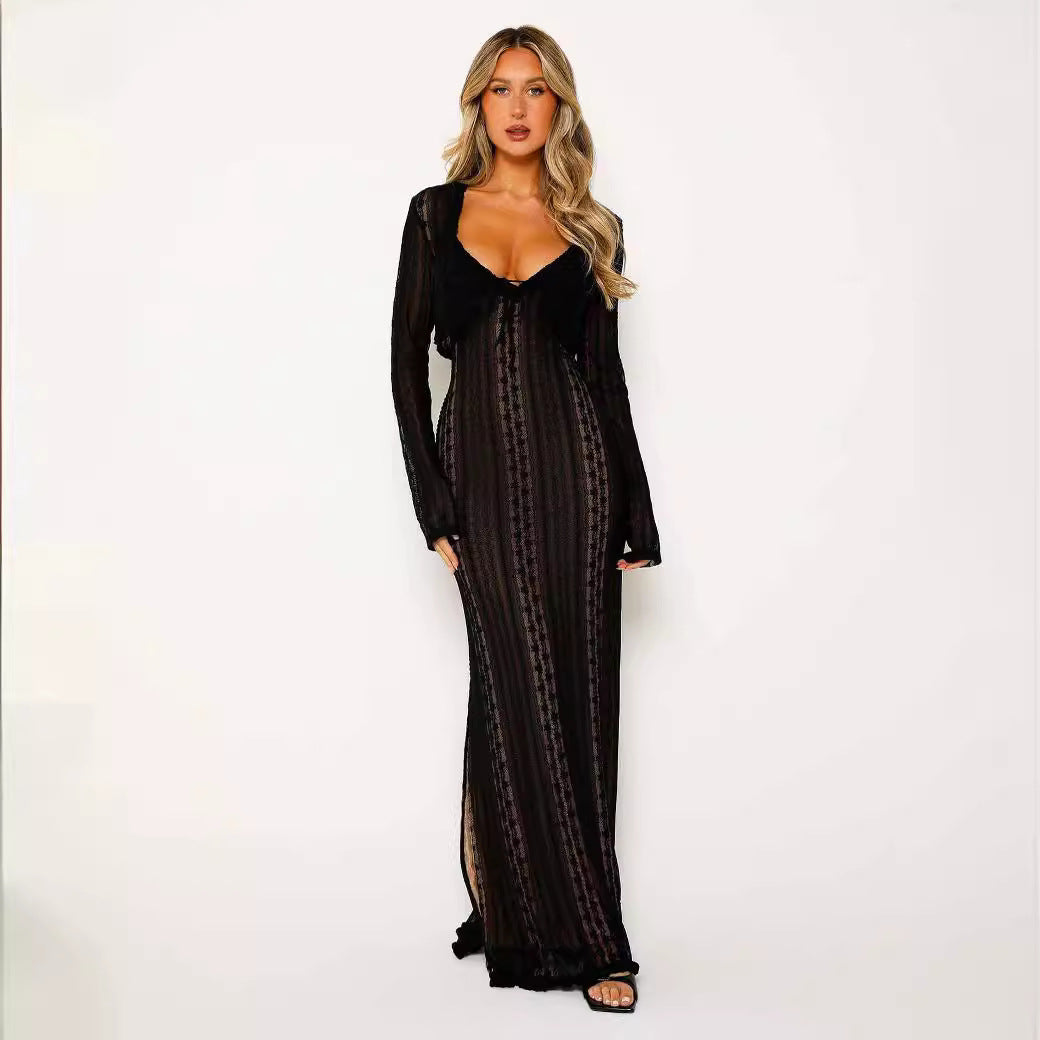 Damen Minikleid mit tiefem V-Ausschnitt und transparentem Rüschendesign EB