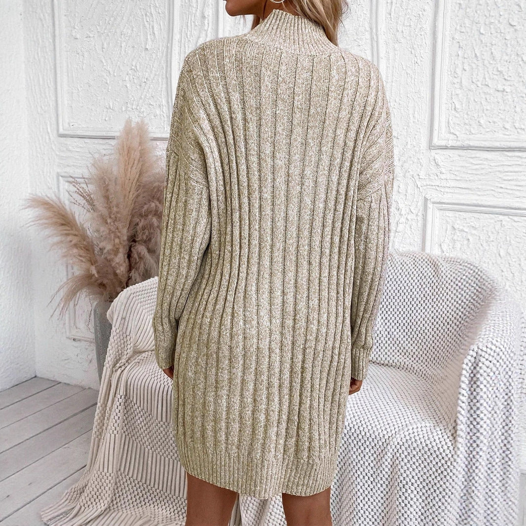 Damen Strickkleid mit hohem Kragen und strukturiertem Rippenmuster EB
