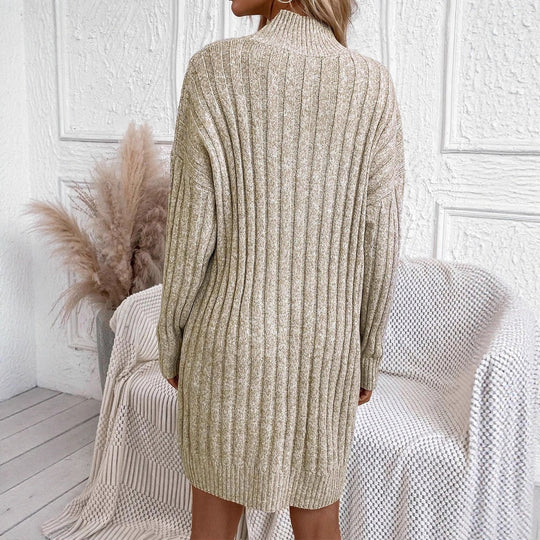 Damen Strickkleid mit hohem Kragen und strukturiertem Rippenmuster EB
