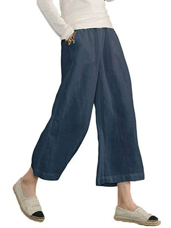 Damen weite Leinenhose mit seitlichen Taschen und elastischem Bund EB
