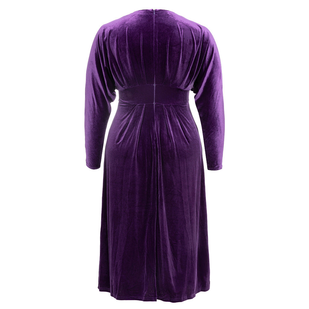 Damen Samt Maxikleid mit elegantem V-Ausschnitt und voluminösen Ärmeln EB