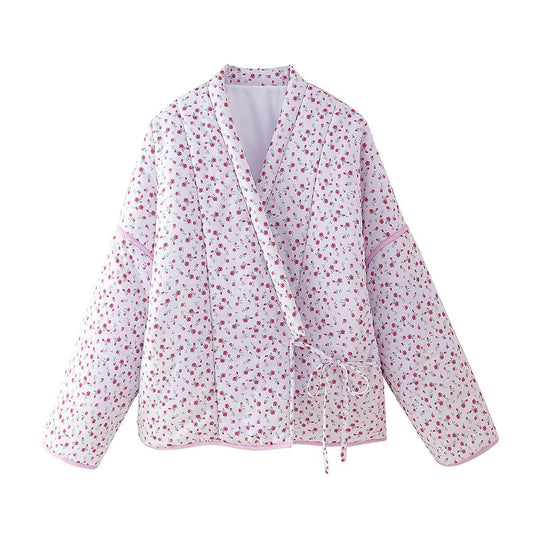 Damen Quilt-Jacke mit floralem Design und bindbarem Taillenzug EB