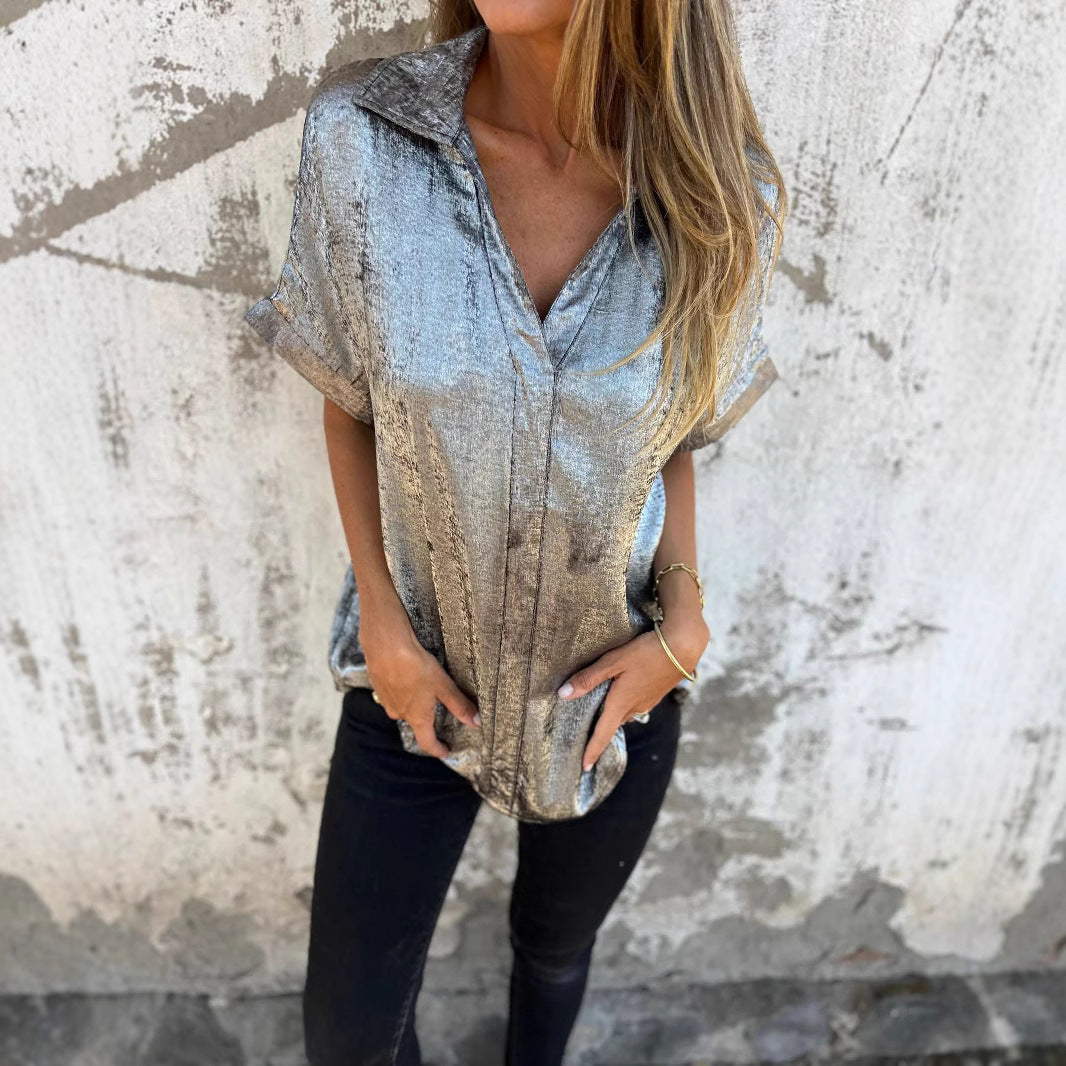Damen Elegante und lässige Satinbluse mit kurzen Ärmeln EB