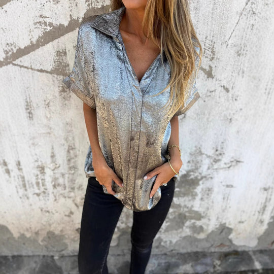 Damen Elegante und lässige Satinbluse mit kurzen Ärmeln EB