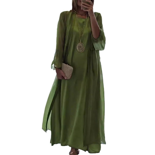 Damen nan doppellagiges Abendmaxikleid mit transparentem Überwurf, geschmeidigem Innenkleid, Taillenbändern und Trompetenärmeln EB