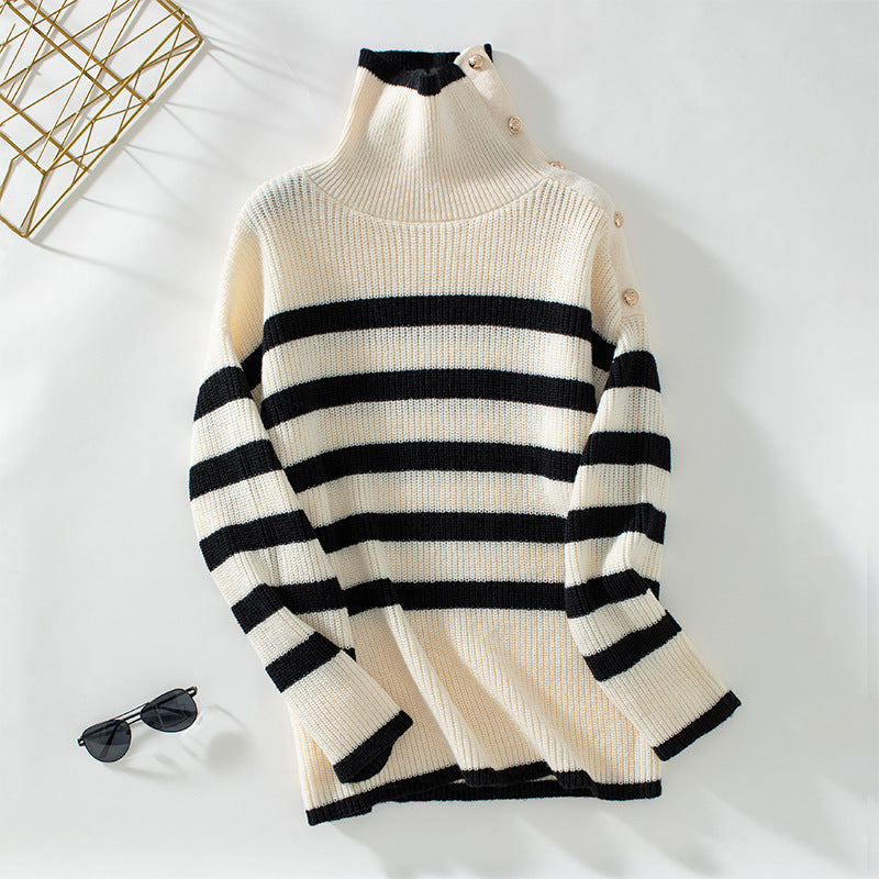 Damen Rollkragenpullover mit Knopfdetails und Streifendesign EB