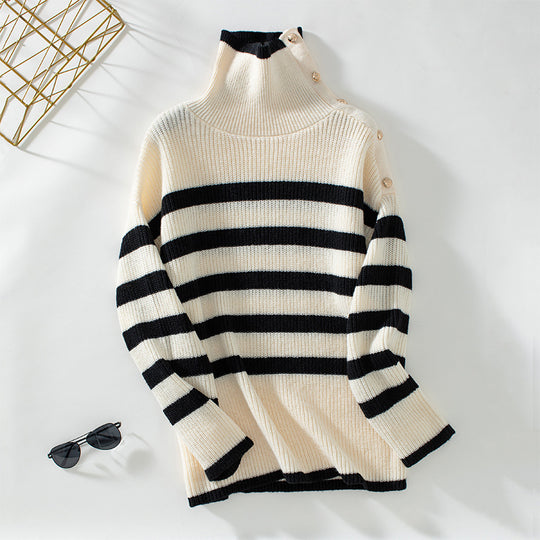 Damen Rollkragenpullover mit Knopfdetails und Streifendesign EB