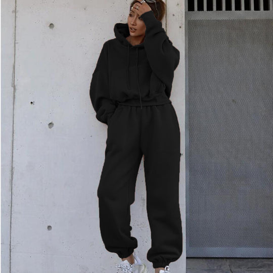 Damen nan kuscheliges kurzes Kapuzenpullover- und hochgeschnittene Jogginghose Set EB