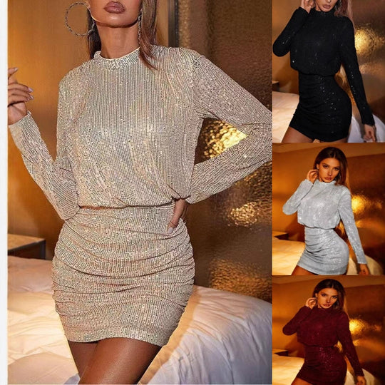 Damen figurbetontes Kurzkleid mit glitzernden Akzenten und langärmeliger Oberteilgestaltung EB