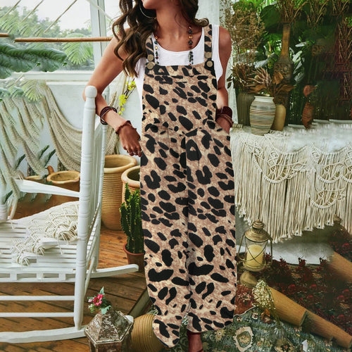 Damen lässiger Jumpsuit mit Tiermuster und praktischen Taschen EB