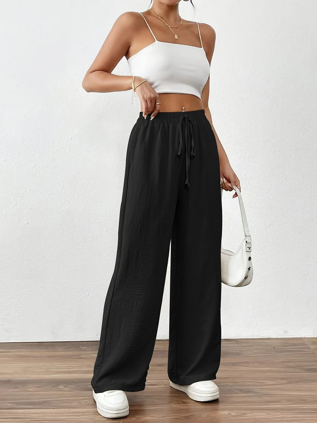 Damen Weit geschnittene Sommerhose mit elastischem Bund und Kordelzug EB