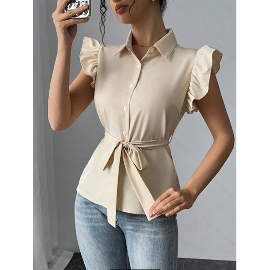 Damen Bluse mit Volants und tailliertem Gürtel EB