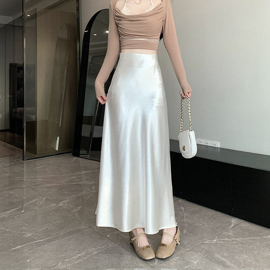 Damen  eleganter Midirock aus Satin mit A-Linie und nahtlosem Bund EB