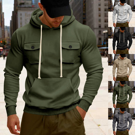 Herren Kapuzenpullover mit Brustklappentasche, Kängurutasche & Rippbündchen EB