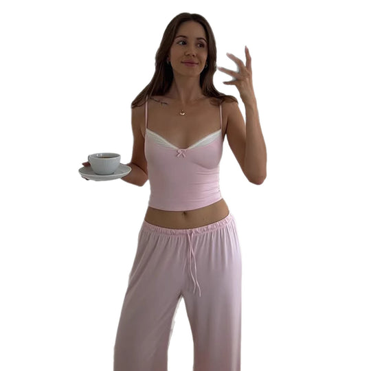 Damen Schlafanzug Set mit Spaghetti-Trägern und weitem Bein EB